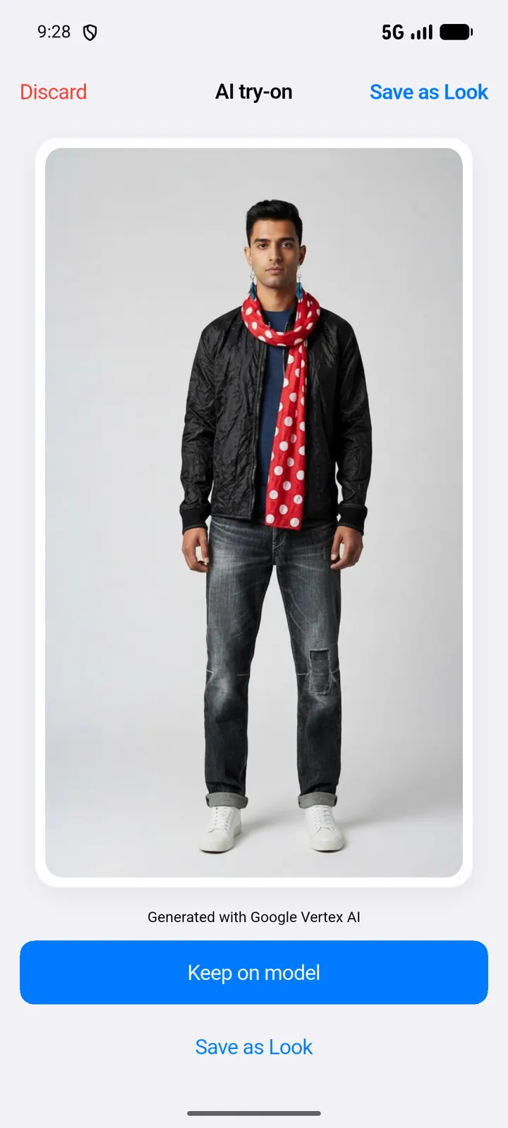 Try-on result: jacket, jeans and earrings on the model
