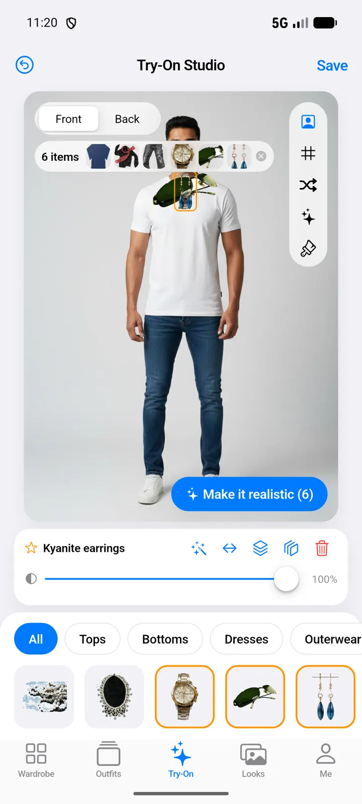 Try-on studio with six items picked
